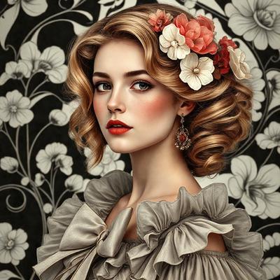 The primary subject of the image is a woman with blonde hair, wearing a dress and a flower in her hair. She is posing for the camera, and her expression is focused and determined. The setting is a room with a floral wallpaper, which adds a touch of elegance to the scene. The visual style is a combination of photography and digital art, creating a realistic yet artistic representation of the woman. The colors in the image are predominantly shades of pink and white, which contribute to a